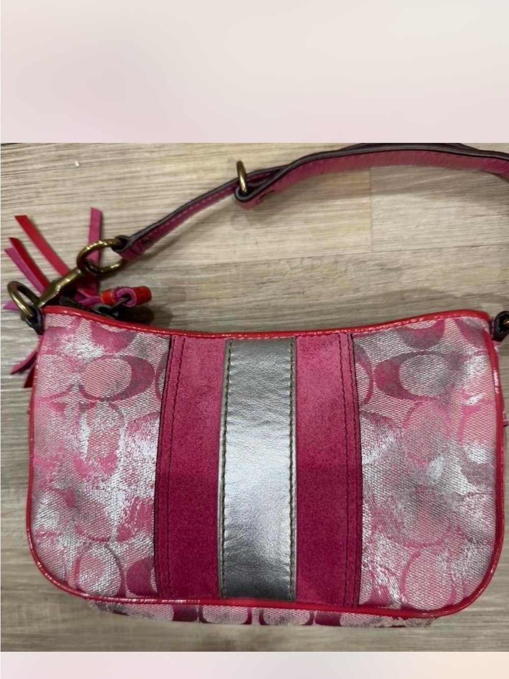 Coach Pink Signature Suede Shoulder Bag with Silver Stripe
